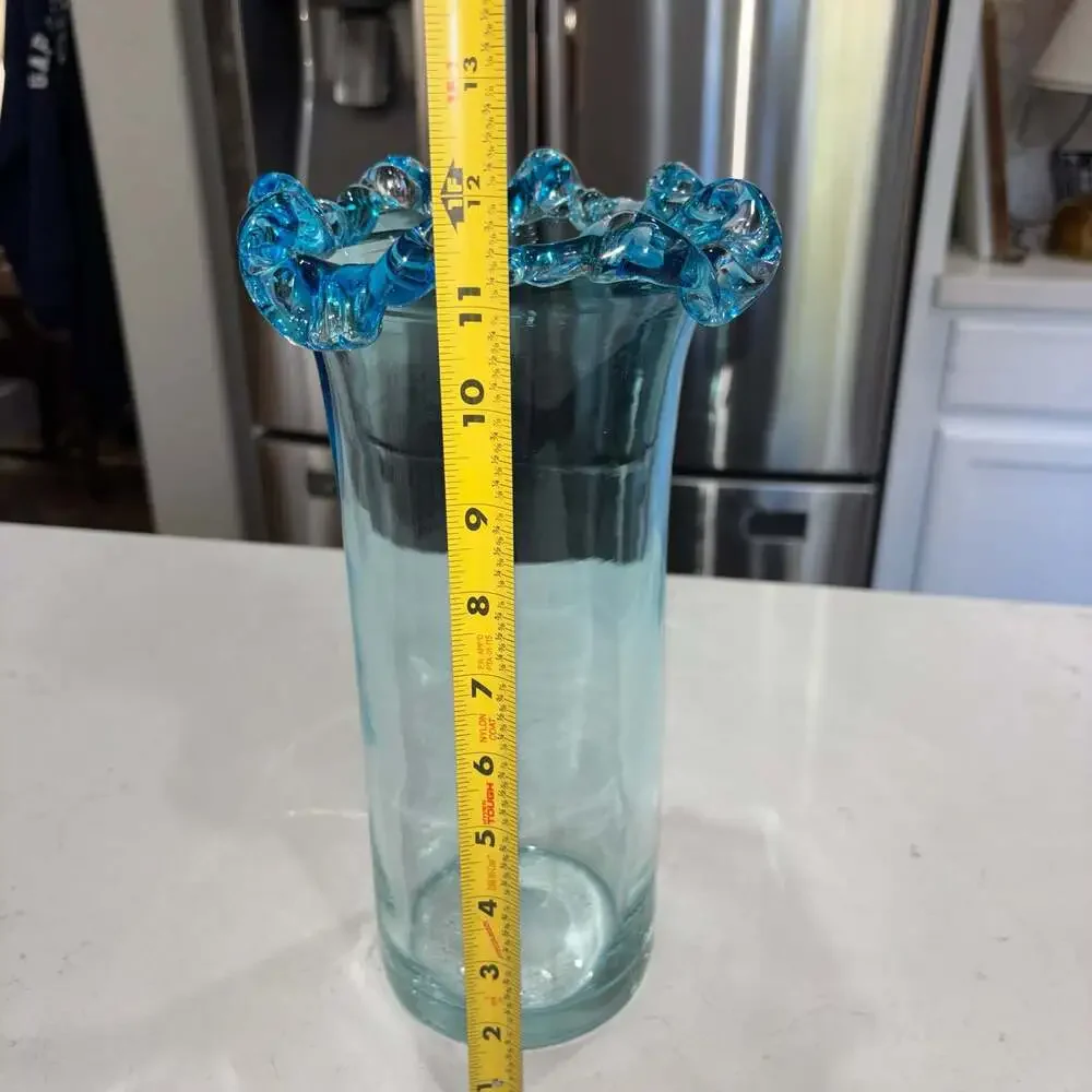 Vintage Hand Blown Ruffled Ocean Blue Crest Vase 12”